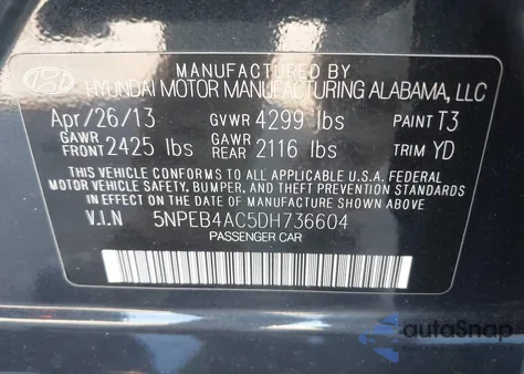 2013 Hyundai Sonata Gls из США, поврежденный, VIN 5NPEB4AC5DH736604